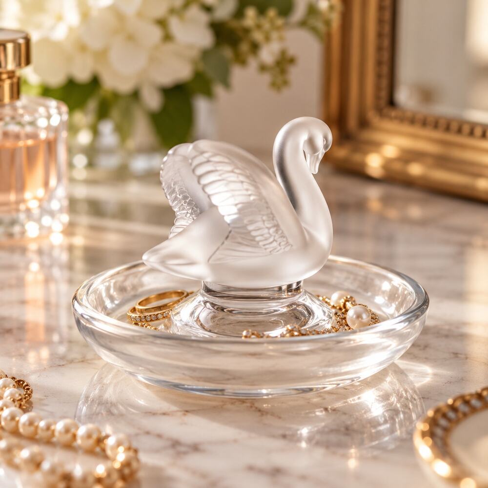 Lalique France Crystal Swan Cygne Ring Dish Pin Tray Frosted Signed